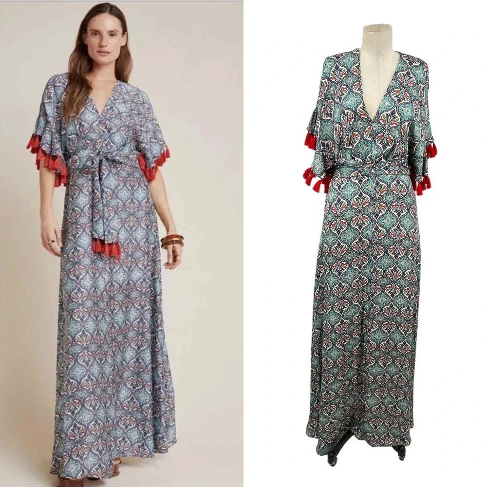 Anthropologie Sachin & Babi Maxi Dress Tassel Abstract‎ Print Blue Red Size 8